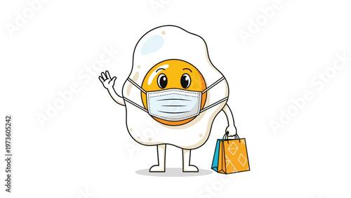 Fried egg cartoon character wearing a protective medical face mask and carrying colorful paper shopping bags.