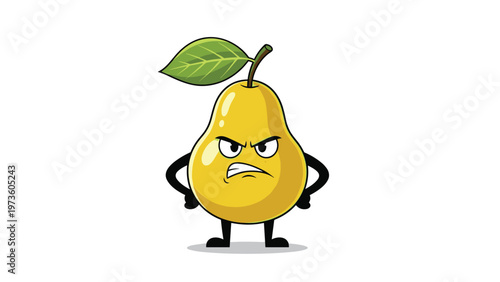 Frustrated cartoon yellow pear character with arms on hips and a grumpy facial expression on a white background.