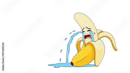 Funny cartoon peeled banana character crying an exaggerated river of blue tears isolated on a white background.