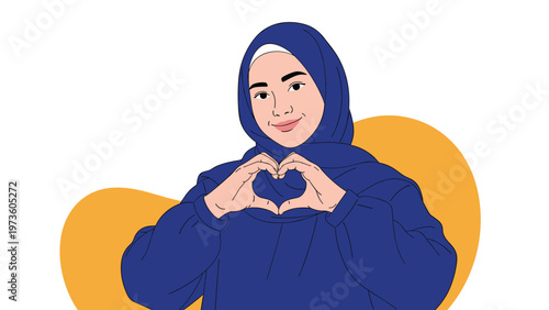 Beautiful woman wearing a blue hijab makes a heart shape with her hands to express love, kindness, and peace.