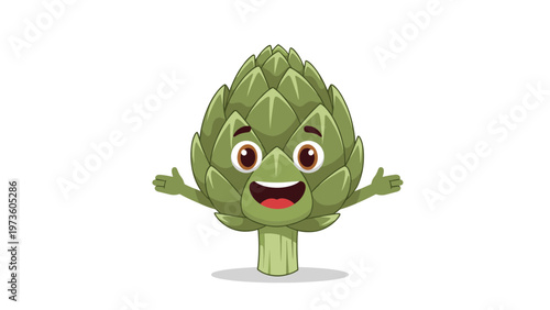 Friendly cartoon artichoke character with a wide smile and open arms welcoming everyone on a white background.