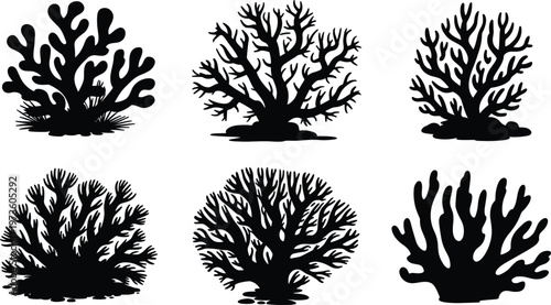 Coral silhouettes set, underwater reef plants sea life vector illustration marine design