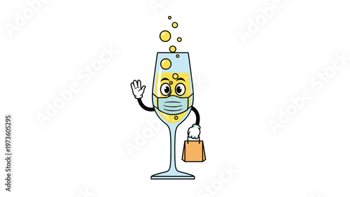 Champagne glass cartoon character wearing a medical face mask and holding a brown shopping bag during the pandemic lockdown.