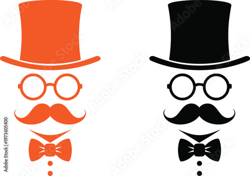 Minimalist gentleman icons with top hat mustache glasses and bow tie in orange and black Vector
