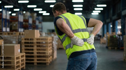 Warehouse worker suffering from back pain while lifting heavy boxes