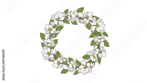 Elegant floral wreath composed of white apple blossoms and fresh green leaves arranged in a circular frame on a plain white background.