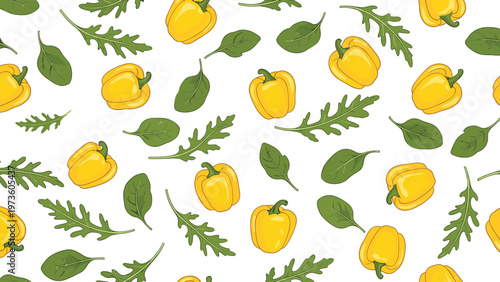 Fresh vegetable pattern with bright yellow bell peppers and various green salad leaves like arugula and spinach on a white background.