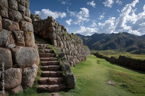 Ancient Inca Stone Fortress Ruins with Mountain Landscape.