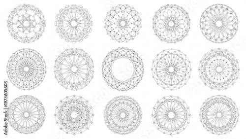 Collection of diverse intricate geometric circular patterns for decorative design elements and artistic backgrounds