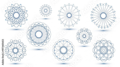 Elegant collection of intricate blue geometric circular patterns, abstract and delicate, suitable for decorative and ornamental designs