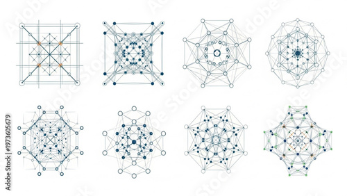 Set of geometric abstract shapes and designs, featuring interconnected circles and lines