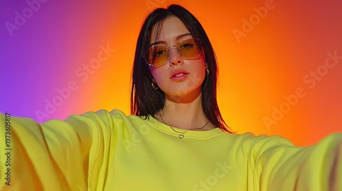 Stylish Young Woman in Oversized Neon Lime Sweatshirt Wearing Yellow Tinted Square Sunglasses, Low-Angle Selfie Portrait Against Vibrant Orange-Purple Neon Gradient Background, Urban Trendy Aesthetic