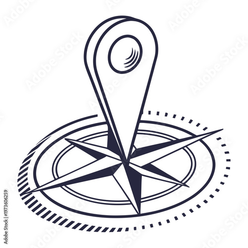 Black compass with map pin on white background navigation direction location