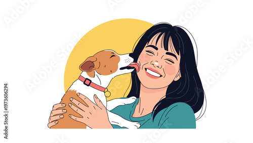Happy woman laughs as her small pet dog licks her face to show affection in a heartwarming and joyful moment.