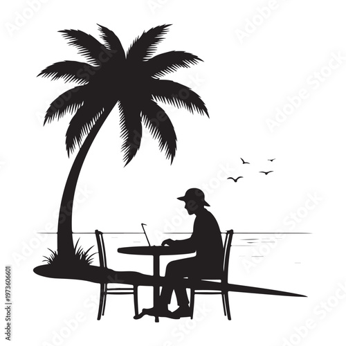 Digital nomad working on laptop at beach under palm tree silhouette illustration.