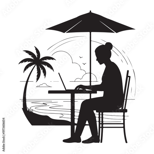 Digital nomad working on laptop at beach under palm tree silhouette illustration.
