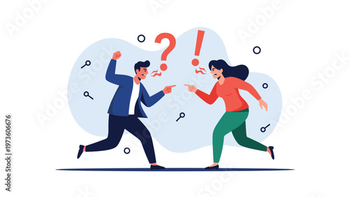 Man and woman engaged in aggressive verbal confrontation with angry facial expressions and pointing fingers on abstract background.