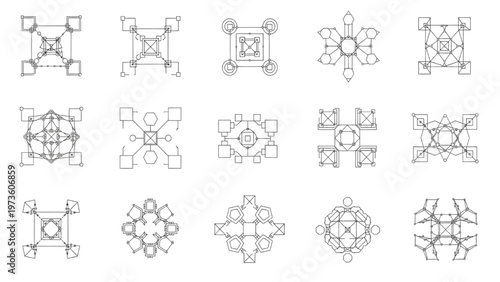 Abstract Geometric Pattern Set Diverse Symmetrical Line Art Designs for Contemporary Visual Media