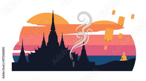 Visakha Bucha Celebration in Thailand Flat Vector Art