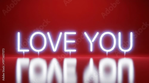Glowing neon love you sign on a reflective red surface for valentines day and romantic celebrations.