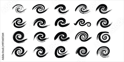 Collection of black spiral brush stroke designs on white background