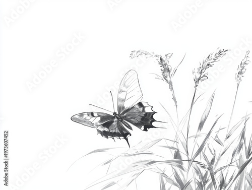 Monochromatic detailed sketch of a butterfly with patterned wings flying by tall wild grasses on a white background