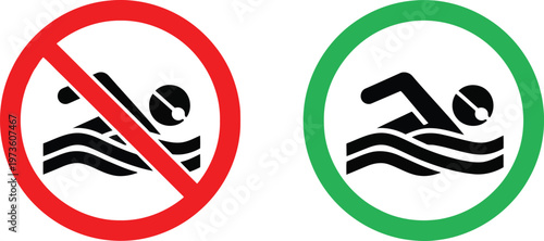 No swimming and swimming allowed signs showing a person swimming in wavy water on white background. Vector