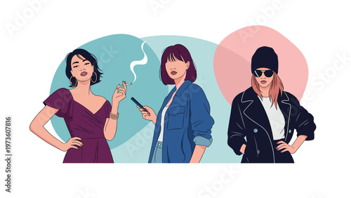Trio of fashionable young women with distinct styles including one smoking, one using a phone, and one wearing a beanie and sunglasses.