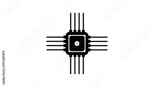 White flat simple icon with shadow, Technology multicolor CPU circuit board background.