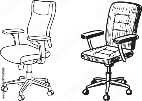 Set of Hand Drawn Office Chair Sketches with Ergonomic Design and Black Line Art Doodle Style