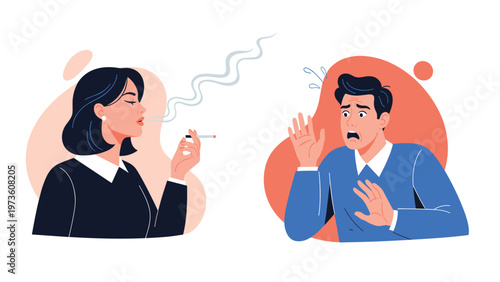 Woman casually smoking a cigarette while a man nearby looks distressed and waves his hand to clear the smoke from his personal space.
