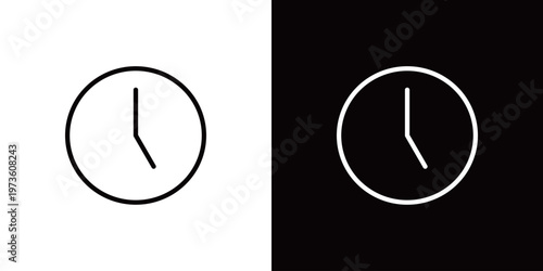 5時を指す丸い掛け時計のラインアイコン。白い線と黒い線のモノクロベクターイラスト