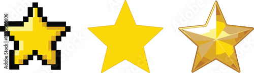 Star icon collection with pixel, flat and realistic styles, golden rating and award symbols in vector illustration set