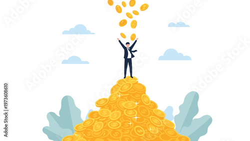 Successful businessman standing with arms raised in victory on top of a giant mountain of gold coins as more money falls from the sky.
