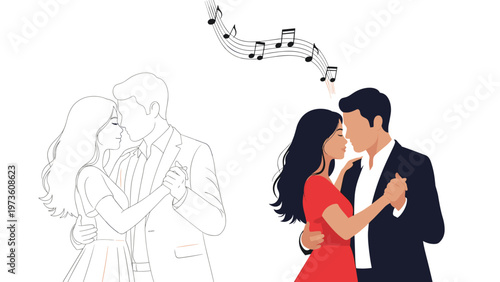 Romantic couple dancing closely together in a red dress and suit while musical notes float above them beside a faint outline of the same pose.