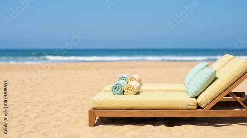 Twin sun loungers with rolled towels facing ocean waves