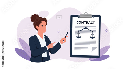 Professional female lawyer in a suit pointing at a large clipboard containing a legal contract with a justice scale icon on the background.