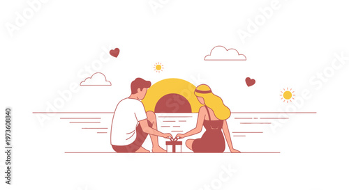 Couple Exchanging Gift at Sunset Beach, Romantic Evening, Love and Togetherness