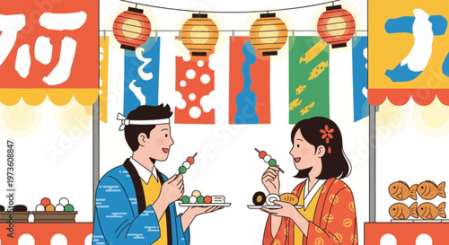 Couple enjoying street food at a Japanese summer festival with lanterns and colorful banners