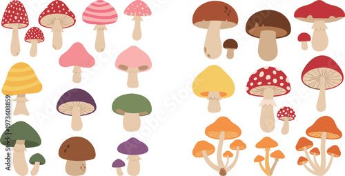 Colorful Mushroom Collection Flat Vector Icons Forest Fungi Variety Illustration Set