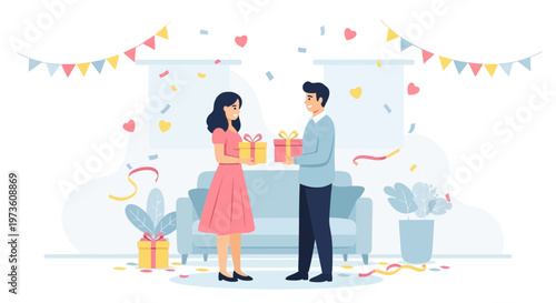 Couple Exchanging Gifts on Anniversary or Birthday Celebration with Confetti and Bunting