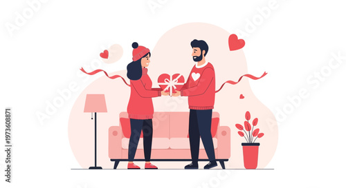 Couple Exchanging Valentine's Day Gift Box, Romantic Love, Heart Shape Present