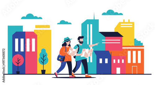 Couple exploring city with map, colorful buildings background, travel concept