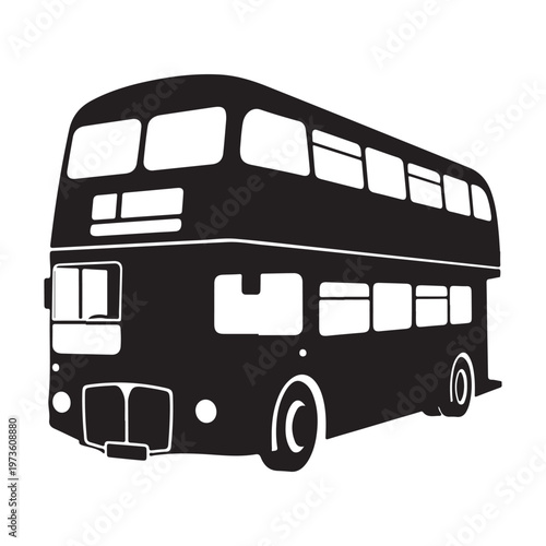 Black and white double decker bus illustration isolated on white background.