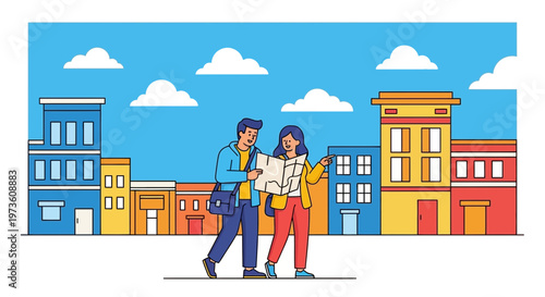 Couple exploring city with map, traveling and sightseeing in urban street