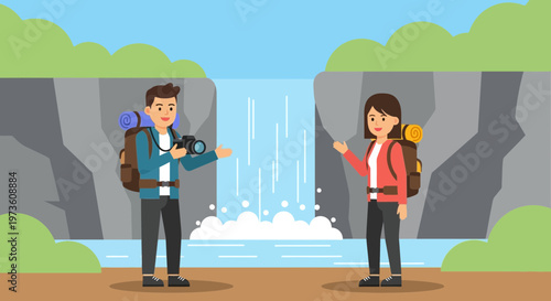 Couple hiking and taking photos at a scenic waterfall, enjoying nature and adventure.