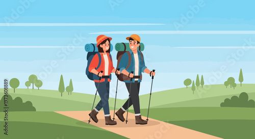 Couple hiking on a scenic trail with backpacks and trekking poles, enjoying nature