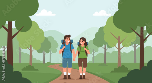 Couple Hiking in Forest, Holding Hands, Backpacking Adventure