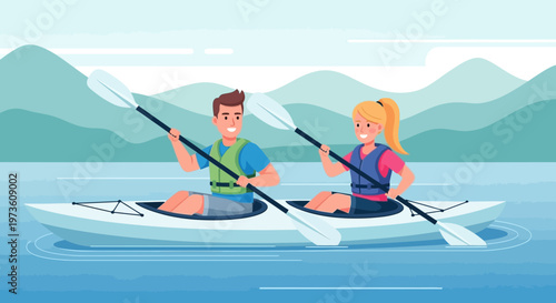 Couple kayaking on a lake with mountains in the background, enjoying outdoor activity