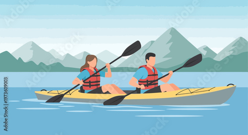 Couple Kayaking on a Lake with Mountains in Background